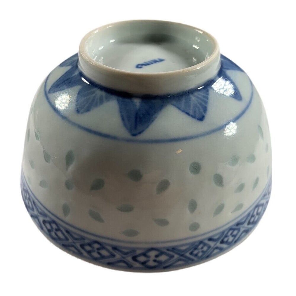 Chinese Rice Eye Grain Bowl Blue White Porcelain Spoon Set Translucent - Picture 7 of 11